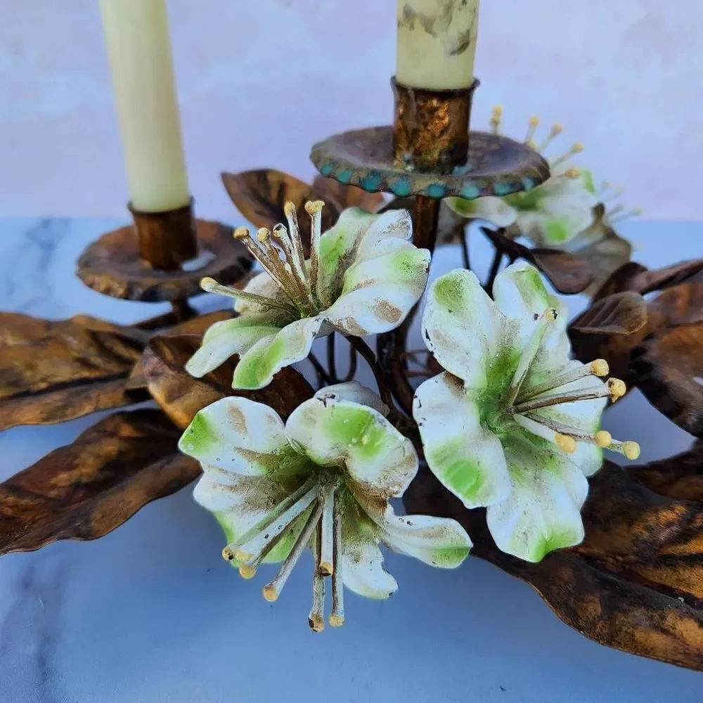 Vintage mid Century golden Bronze leaf candle sconce tri holder ivory flowers